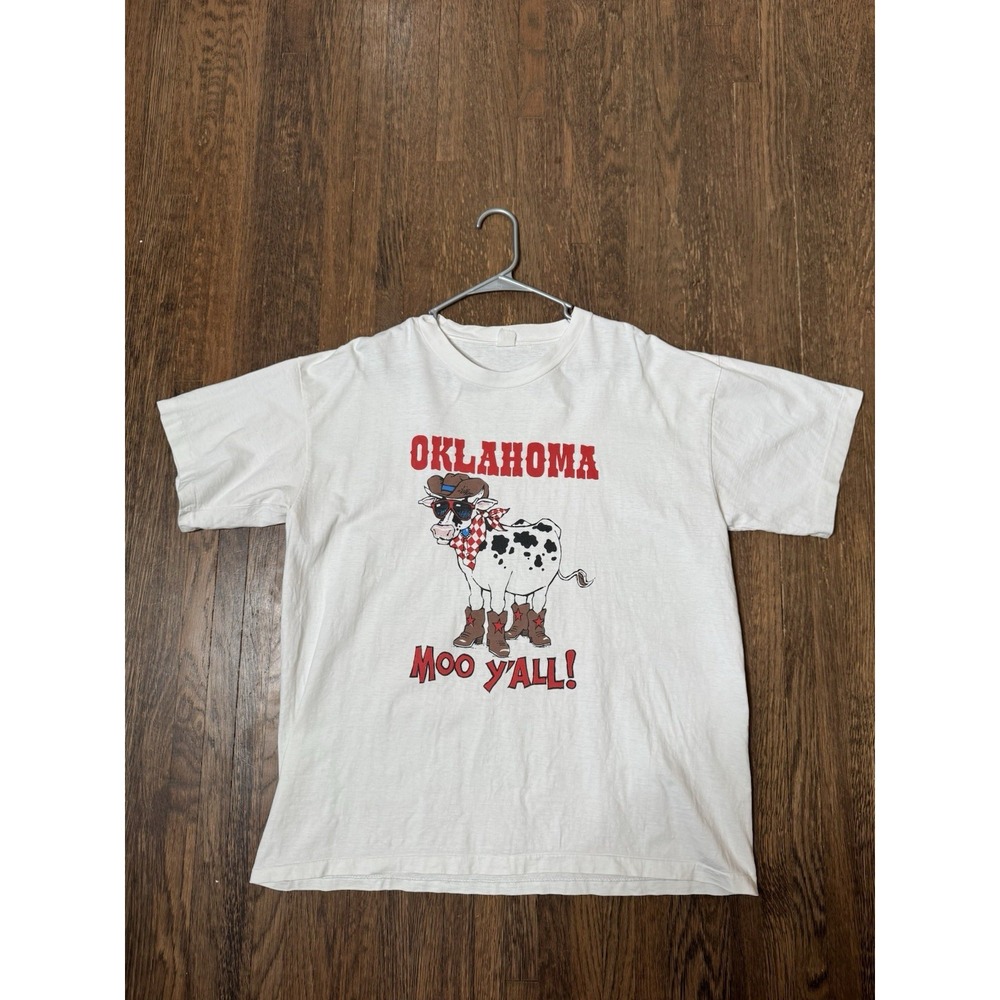 Vintage 90s Oklahoma Moo Yall Cow Cowboy Graphic T-Shirt White XL